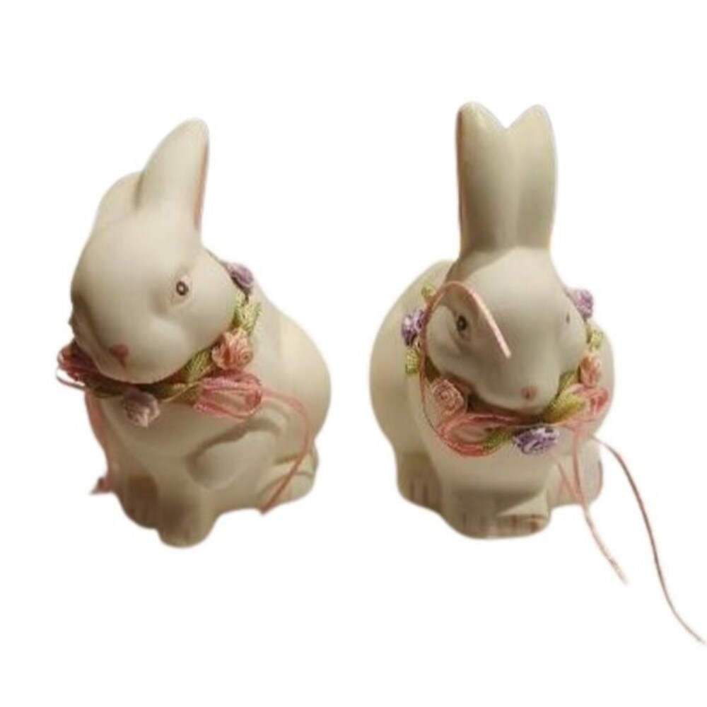 Set Of 2 Dept. 56 Vintage Ivory Bisque Bunnies with Satin Flowers - Ribbon